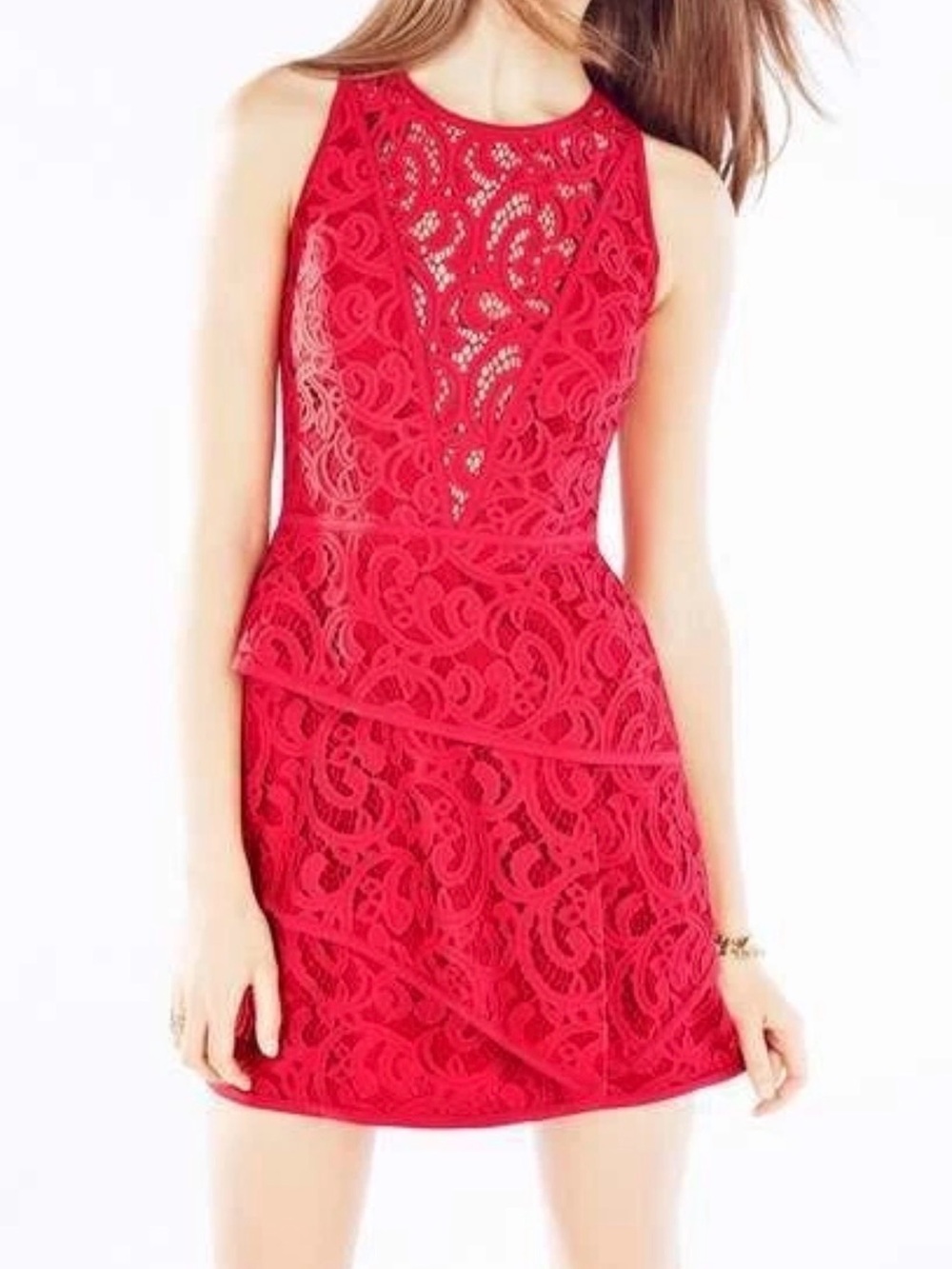 BCBGMAXAZRIA "Hannah" dress vibrant red engineered lace and a tiered skirt